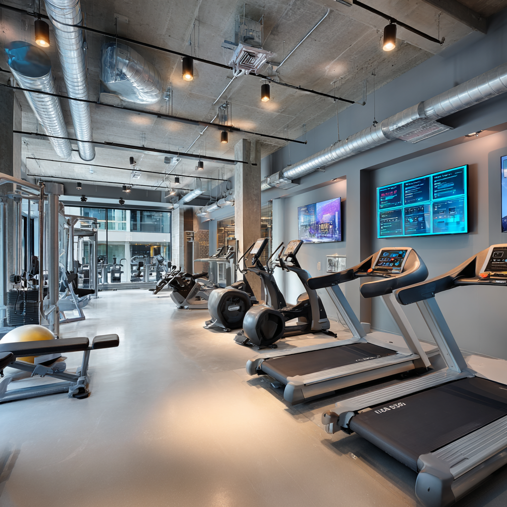 Modern fitness center with advanced equipment and interactive displays